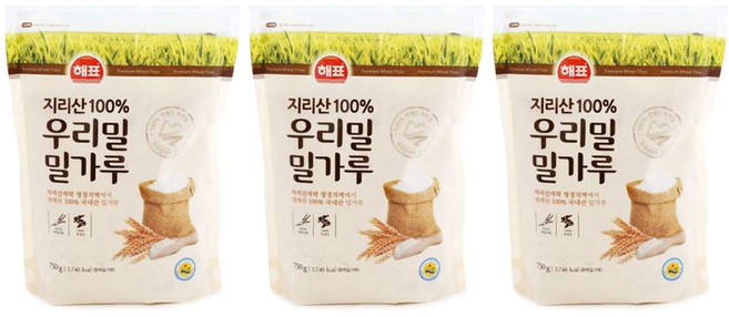 해표 지리산 100% 우리밀 밀가루, 750g, 3개