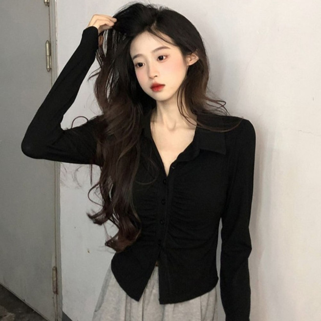 피어니스트 여성용 셔링 슬림핏 오픈카라 긴팔 티셔츠