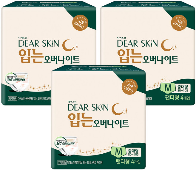 디어스킨 에어엠보 입는 오버나이트 생리대 팬티형, 중대형, 4개입, 3개
