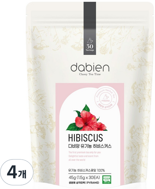 다비앙 유기농 히비스커스 차, 1.5g, 30개입, 4개