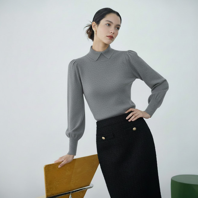 에이비플러스 여성용 카라 폴라 퍼프 소매 니트 LSA1MW31