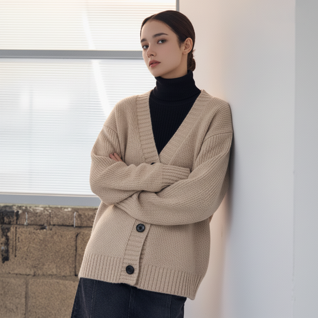 에이비플러스 여성용 루즈핏 브이넥 버튼 니트 가디건 LSZ4MY35