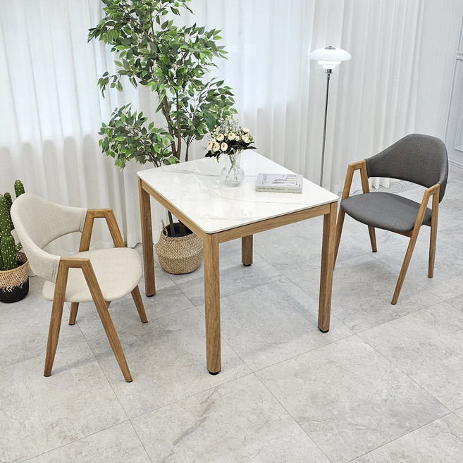 비에프컴퍼니 비앙카 통 세라믹 식탁, 유광화이트 + 우드, 2인용