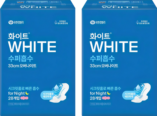 화이트 수퍼흡수 날개형 생리대, 오버나이트, 28개입, 2개