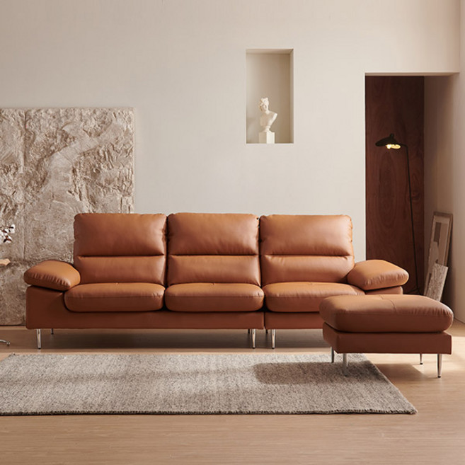 삼익가구 포인 천연 소가죽 4인용 소파 + 스툴 세트 방문설치, 카멜