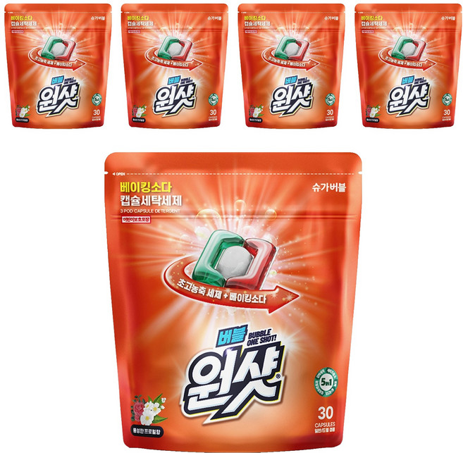 슈가버블 버블원샷 베이킹소다 플로럴향 캡슐세제, 30개입, 5개