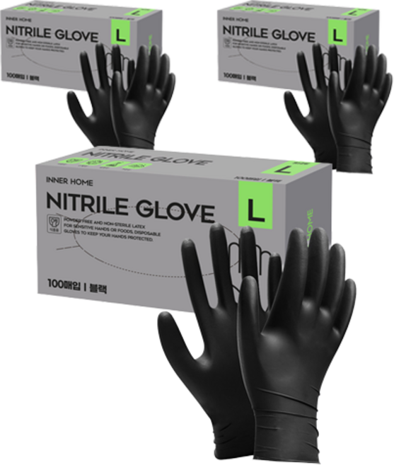 이너홈 니트릴장갑 100p, 블랙, 대(L), 3개