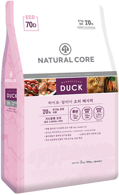 네츄럴코어 전연령 강아지 에코70 유기농 70% 사료, 1개, 2kg, 오리