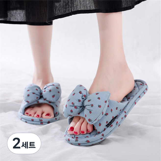 오브메종 딸기 리본 면 슬리퍼, 블루, 2개