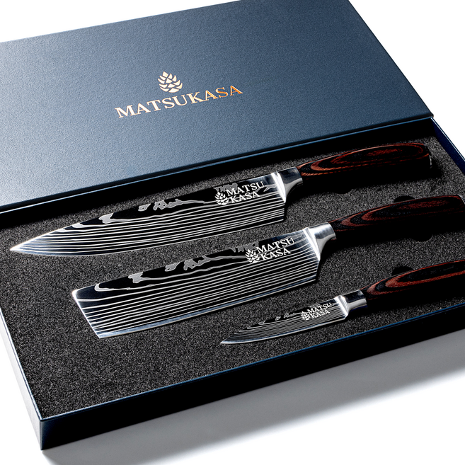 마츠카사 다마스커스 식도 3종 세트 A, 셰프나이프 + 미니중식도 + 과도, 1세트