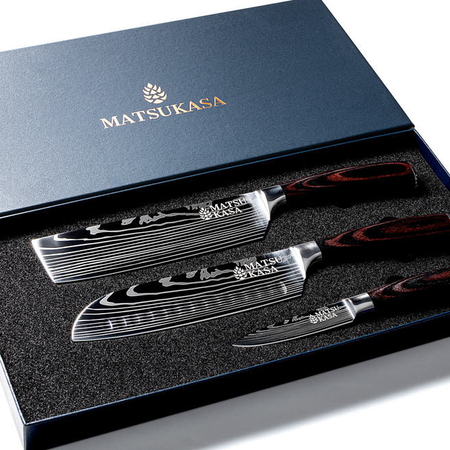 마츠카사 다마스커스칼 3종 세트 C, 미니중식도 + 산도쿠식도 + 과도, 1세트
