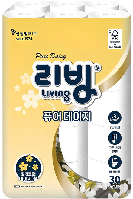 리빙티슈 퓨어 데이지 3겹 고급롤화장지, 30m, 30개입, 1개