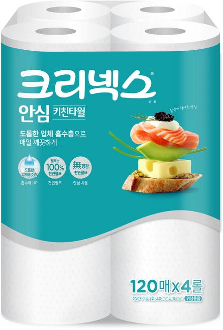 크리넥스 안심 천연펄프 키친타월, 120매, 4개 - 쿠팡