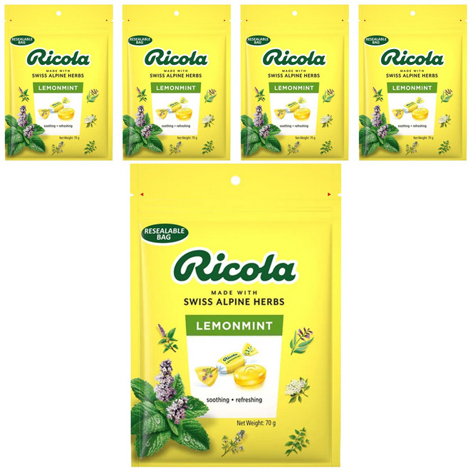 Ricola 利口樂 瑞士草本喉糖 檸檬風味, 70g, 5袋