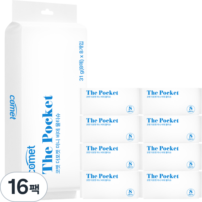 코멧 더 포켓 미니 비데 물티슈, 16팩, 8매, 65g
