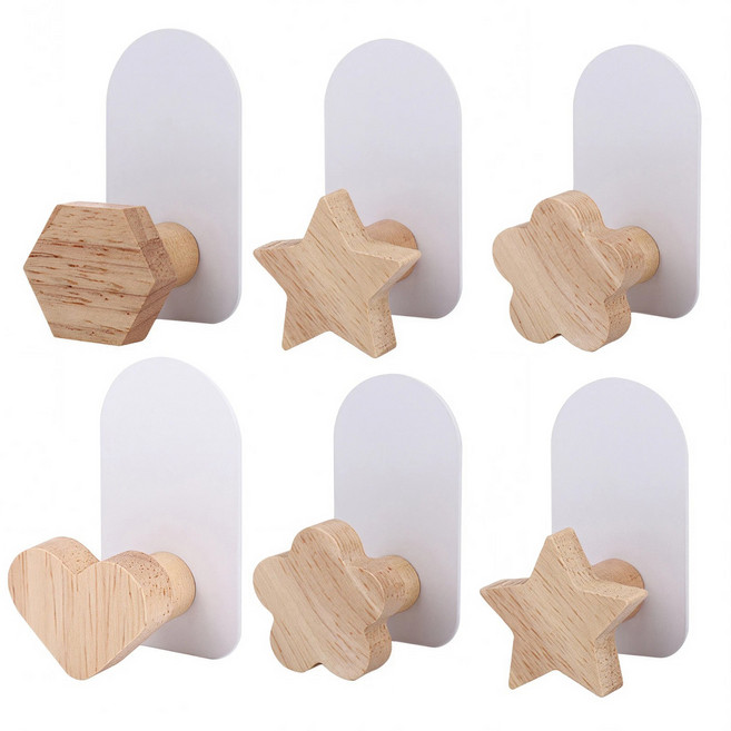 한봄누리 감성 인테리어 다용도 접착식 후크 6p 세트 A타입, 우드, 1세트