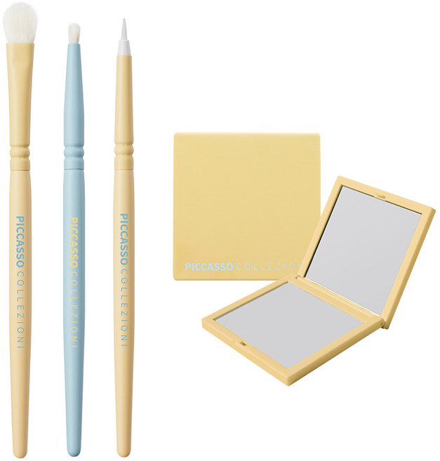 피카소꼴레지오니 레몬 크림소다 에디션 메이크업 브러쉬 3종 + 듀얼 미러 아이 세트, 1개, 혼합색상