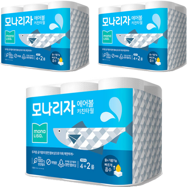 모나리자 에어볼 천연펄프 롤 키친타올, 150매, 18개