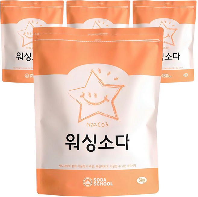 소다스쿨 워싱소다 세탁세제 본품, 3kg, 4개