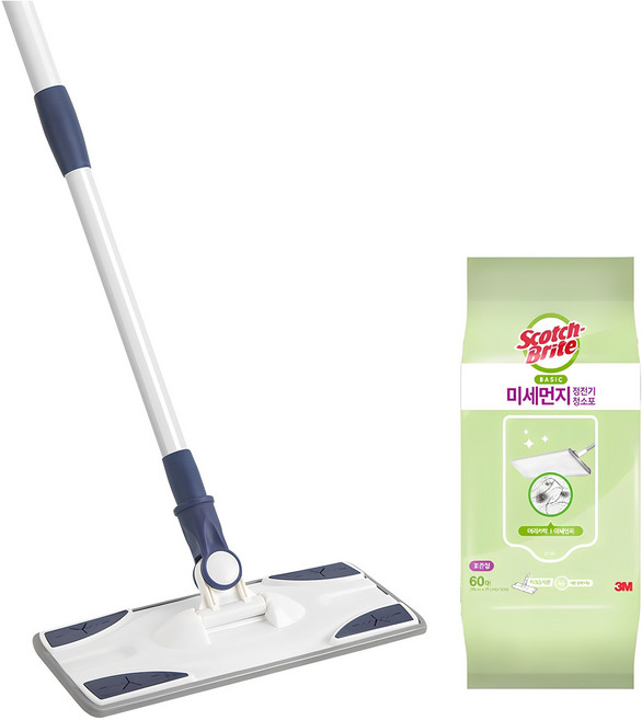 스카치브라이트 베이직 막대걸레 + 미세먼지 정전기 청소포 60매, 1세트