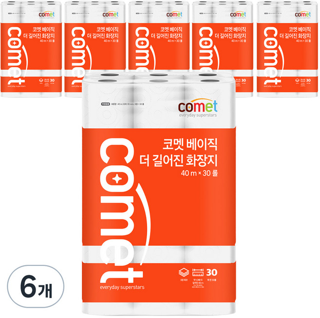 코멧 베이직 더 길어진 화장지 3겹 40m, 30개입, 6개