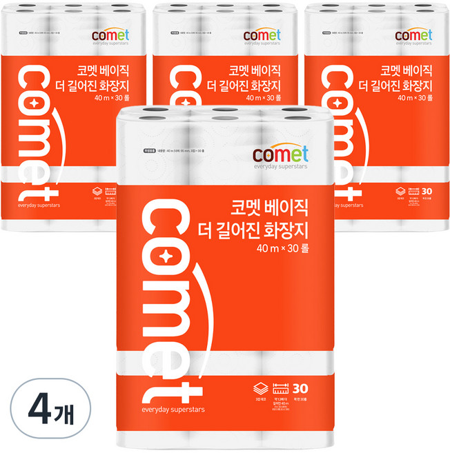 코멧 베이직 더 길어진 화장지 3겹 40m, 30개입, 4개