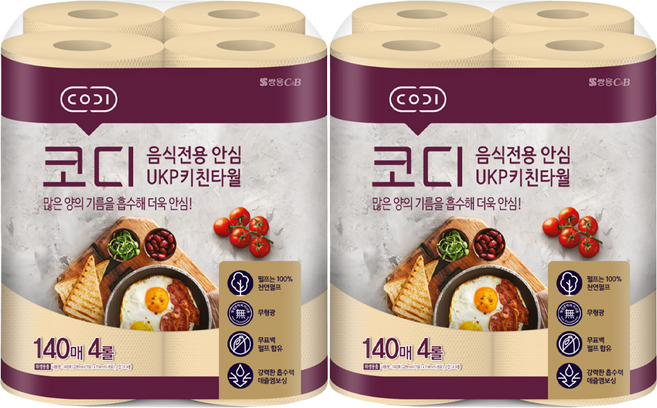 코디 음식전용 안심 천연펄프 키친타월, 140매, 8개