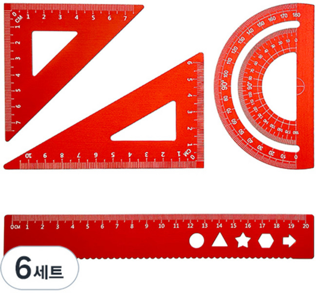 디엔오 스테인레스 삼각자 + 각도기 + 자 세트, 레드, 6세트