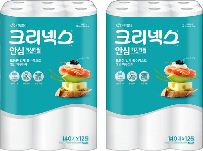 Kleenex 安心雙層捲筒式廚房紙巾 140張, 12捲, 2袋