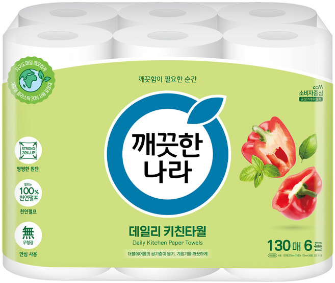 깨끗한나라 데일리 천연펄프 키친타월, 130매, 6개