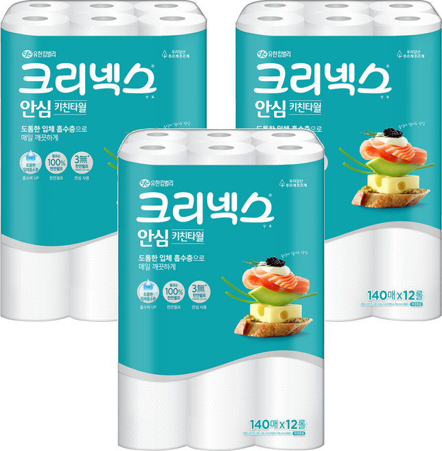 Kleenex 安心雙層捲筒式廚房紙巾 140張, 12捲, 3袋