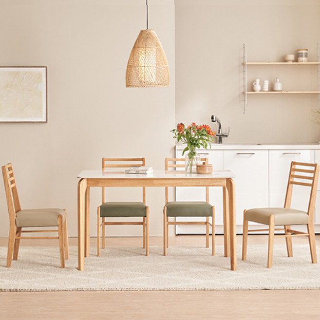 잉글랜더 비올라 통세라믹 고무나무 원목 식탁 + 의자4p 세트 방문설치, 마블화이트(상판), 내츄럴(프레임), 카키2p(의자), 베이지2p(의자), 4인용