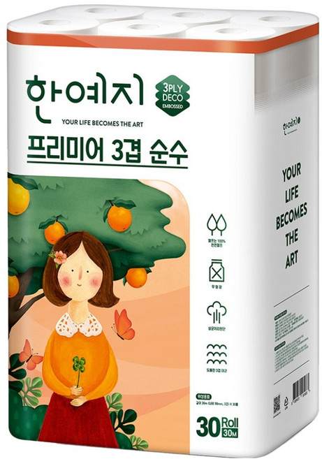 한예지 프리미어 3겹 순수 화장지, 30m, 30롤, 1개