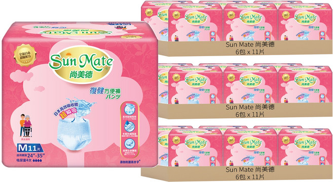 Sun Mate 尚美德 成人褲型紙尿褲 復健方便褲, 11片, 18包, M