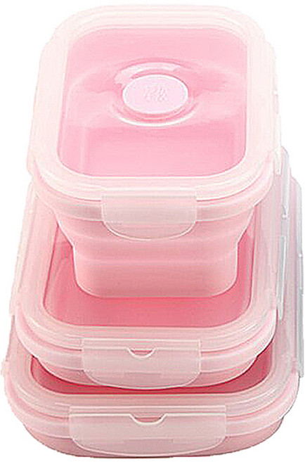 Mega 環保伸縮折疊便當盒 Set 3 食品級矽膠+環保PP 耐熱溫度-40°C到+230°C, 粉色, 1組