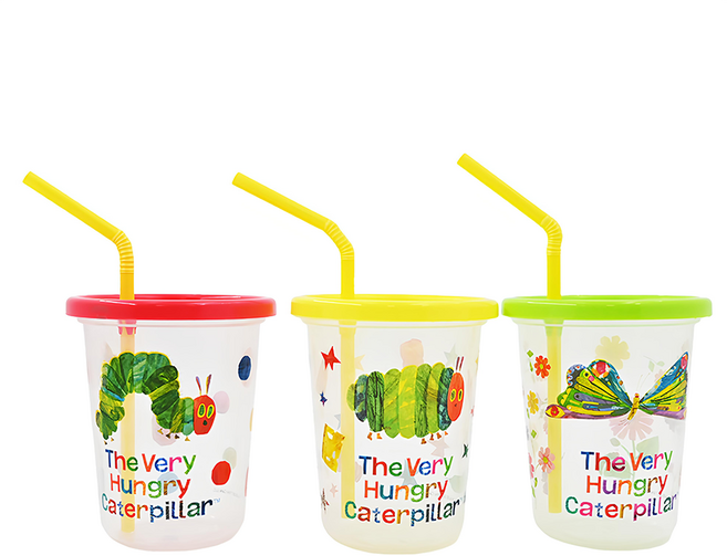 Skater 可疊放吸管杯 SIH3ST 320ml 3入, 好餓的毛毛蟲 粉色 + 黃色 + 綠色, 960ml, 1組