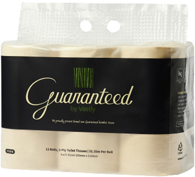 게런티드바이바스틀리 먼지없는 3겹 100퍼센트대나무 토일렛 고급롤화장지, 12롤, 1개