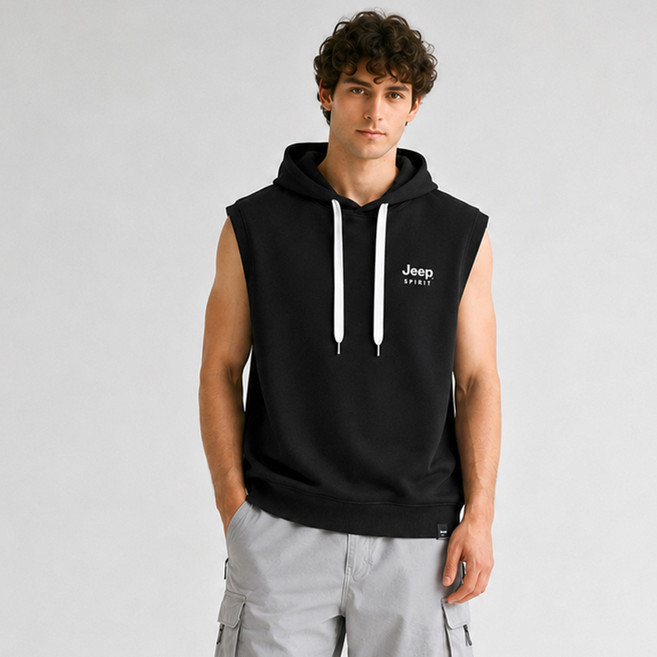JEEP SPIRIT 男女通用鬆餅格涼感連帽背心, 黑色