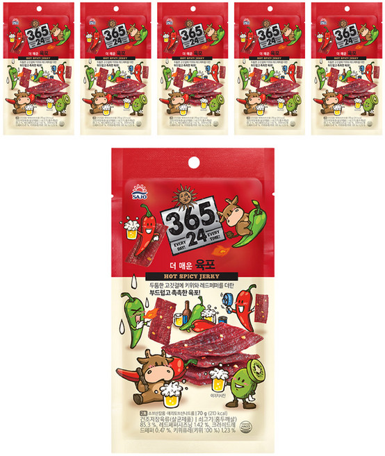 삼육오점이사 해표 365 24 더 매운 육포, 70g, 6개