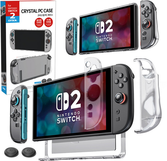 JOYTRON 任天堂 Switch 2 充電座相容 水晶 PC 保護殼 + Joy-Con搖桿帽 2入組, 1套, SW2-CASE02, 透明