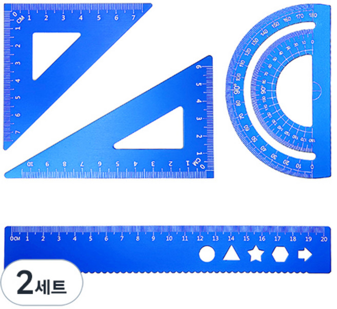 디엔오 스테인레스 삼각자 + 각도기 + 자 세트, 블루, 2세트
