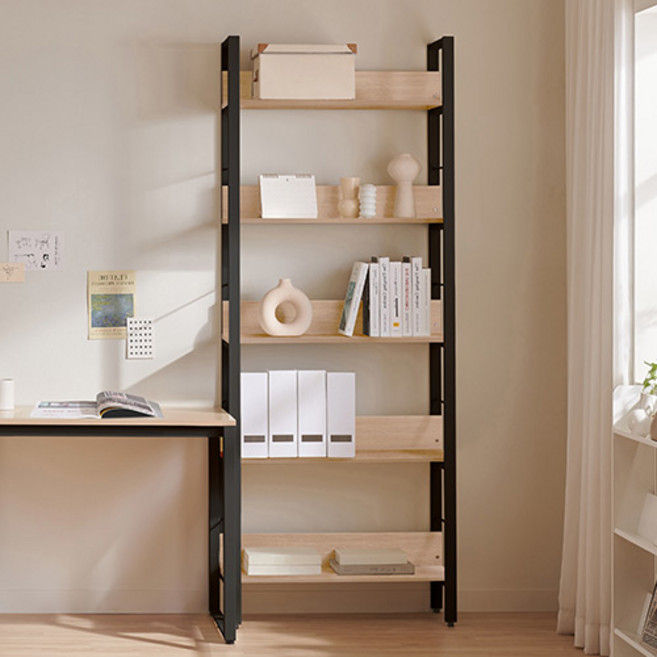 윌로우 플로우 철제 책장 선반 800 방문설치, 내츄럴오크+블랙, 5단