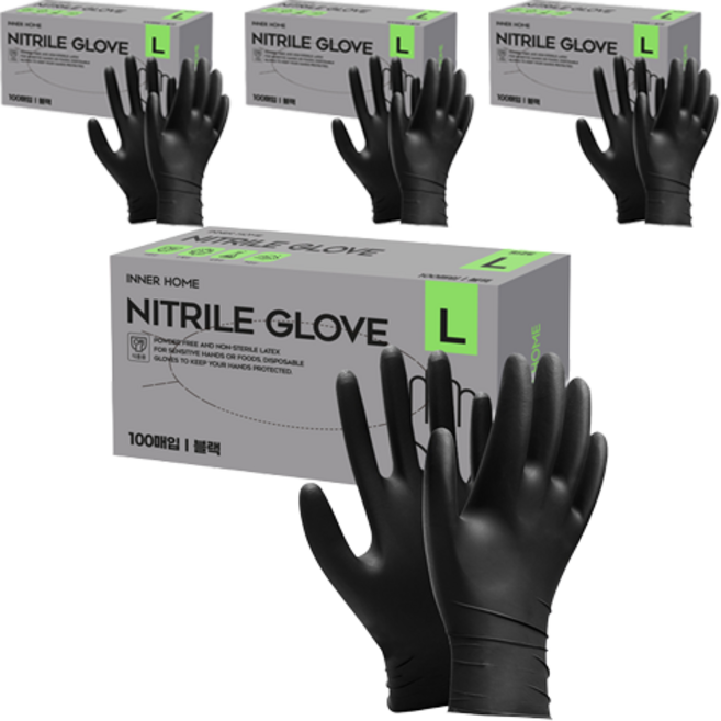 이너홈 니트릴장갑 100p, 블랙, 대(L), 4개