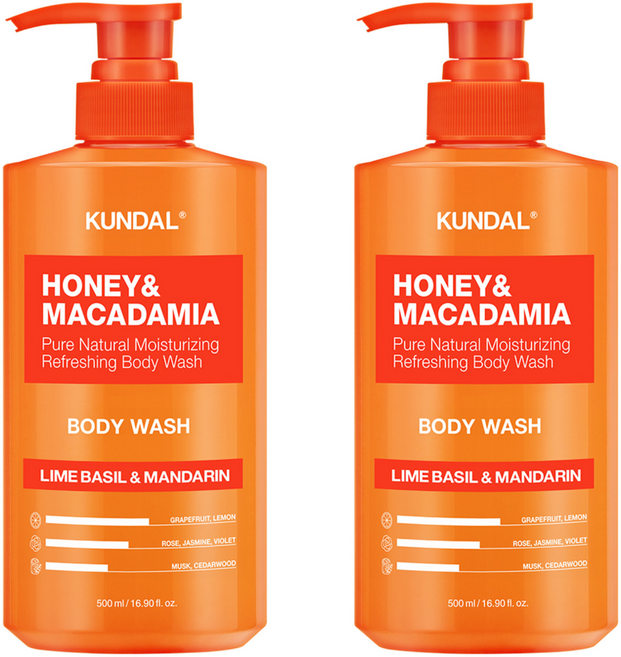쿤달 허니 앤드 마카다미아 퓨어 바디워시 라임바질앤만다린향, 2개, 500ml