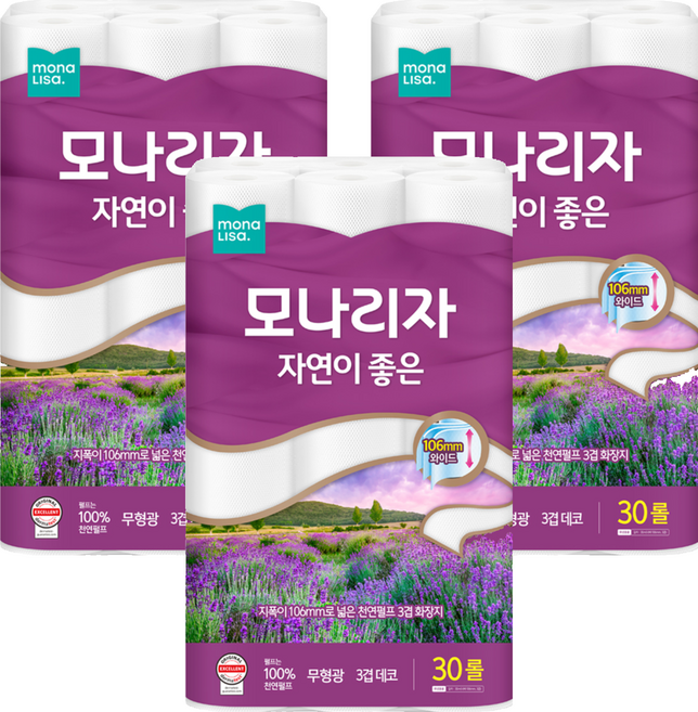 모나리자 자연이 좋은 천연펄프 3겹 고급롤화장지, 30m, 30개입, 3개