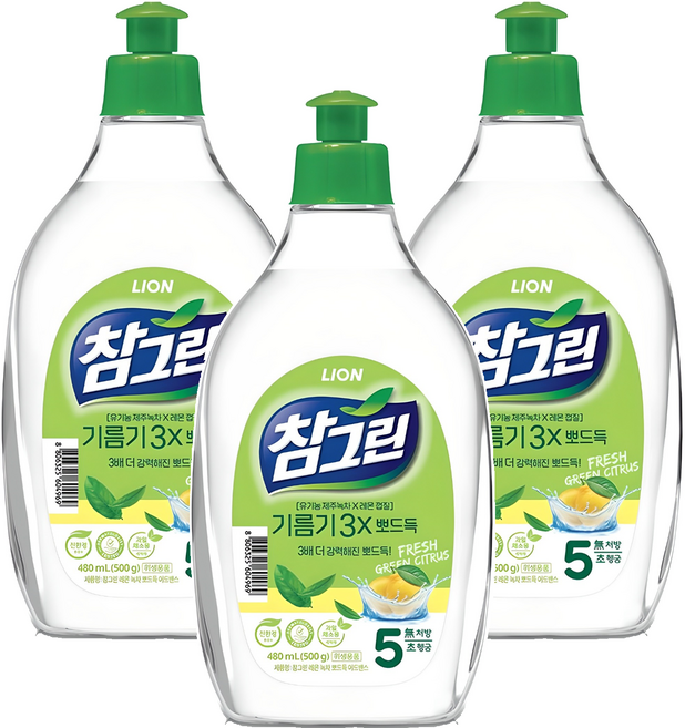 참그린 레몬 녹차 뽀드득 어드밴스 주방세제, 500g, 3개