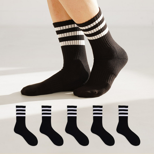 삭스팩토리 삼선 스포츠 쿠션 장목 두꺼운 양말 5켤레 세트