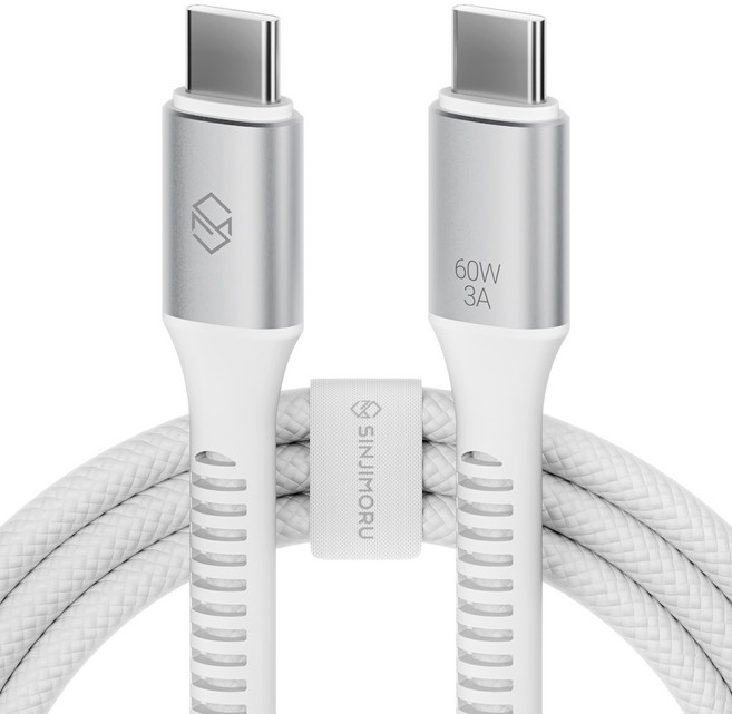신지모루 C타입-C타입 우븐 60W PD 초고속 충전 케이블 + 단자 보호캡 + 케이블 스트랩, 화이트, 1개, 0.5m
