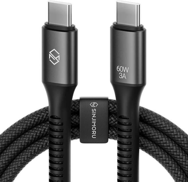 신지모루 C타입-C타입 우븐 60W PD 초고속 충전 케이블 + 단자 보호캡 + 케이블 스트랩, 블랙, 1개, 0.5m