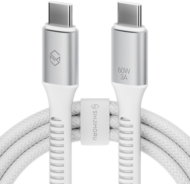 신지모루 C타입-C타입 우븐 60W PD 초고속 충전 케이블 + 단자 보호캡 + 케이블 스트랩, 화이트, 1개, 2m